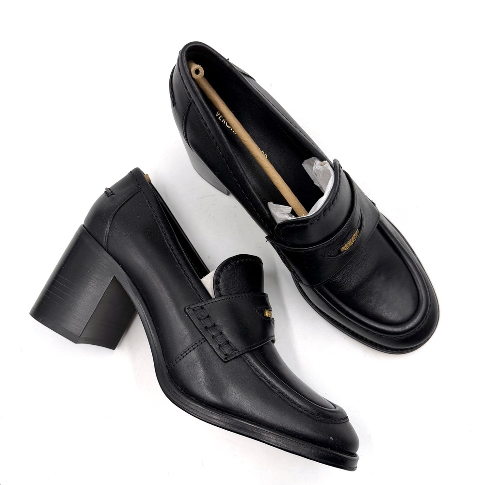 Veronica Beard Penny 70 Loafer Pumps Black Leather Block Heels Sz 8.5